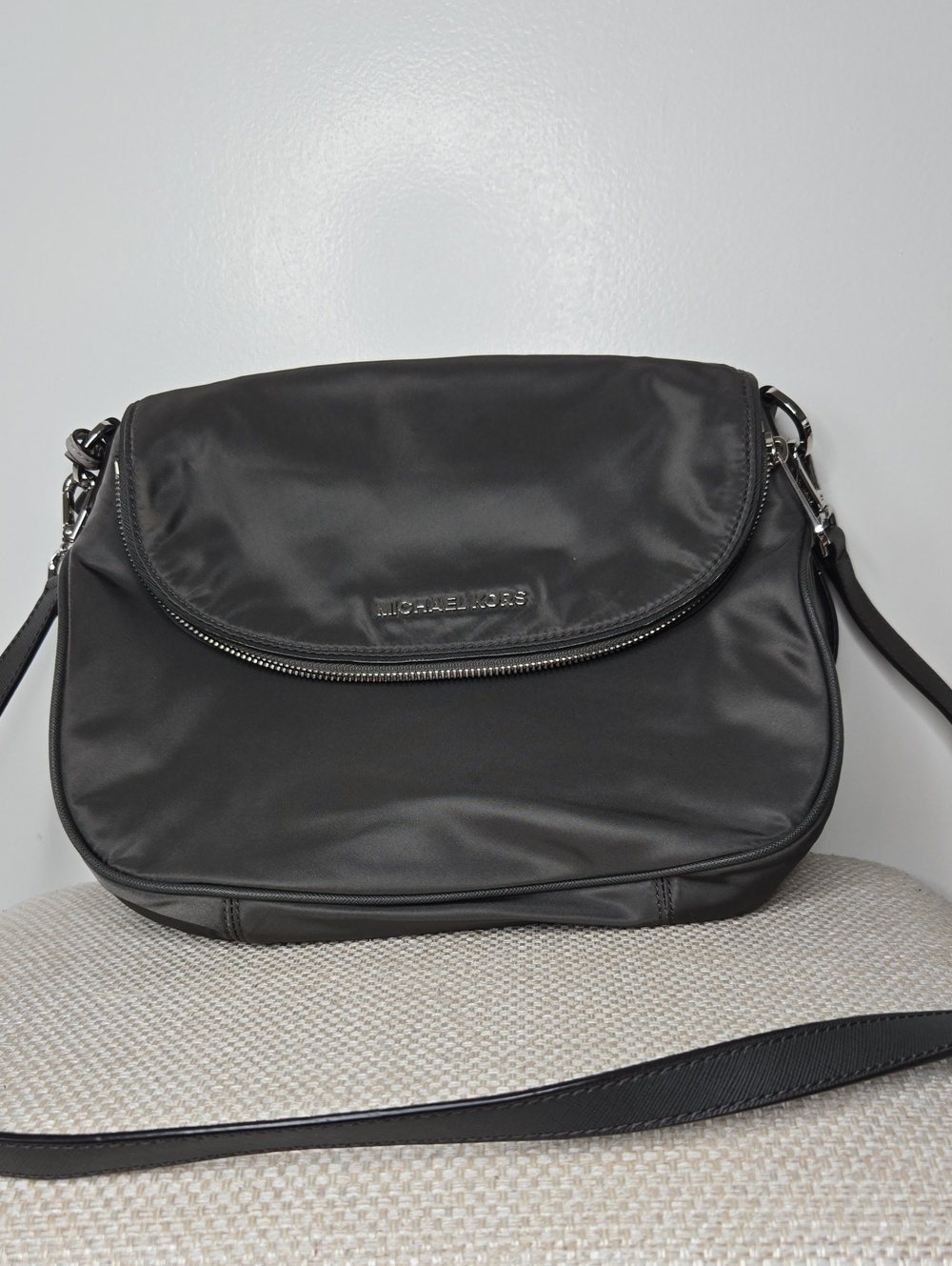 Michael Kors Grey Nylon Crossbody Bag with Silver Hardware